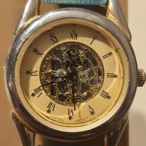 Vtg Cenere Goldtone Leather Skeleton Dial Women's Watch